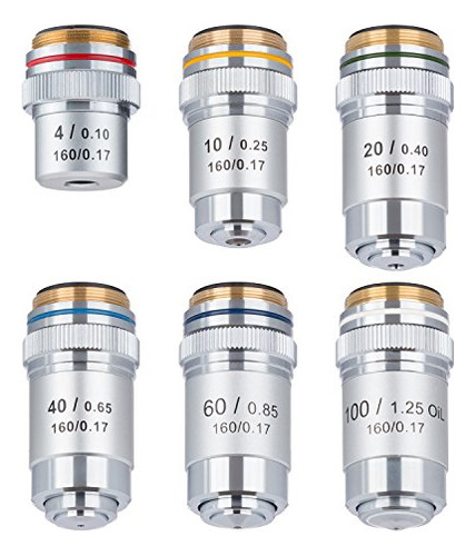 Juego Seis Objetivos Acromáticos Amscope 4x-100x