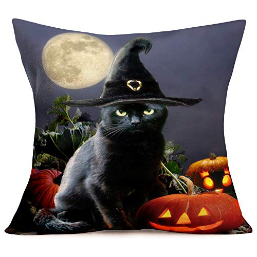 Funda De Almohada De Halloween Gato Negro Y Calabaza, F...