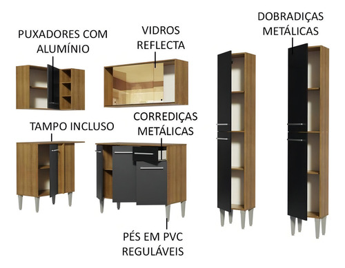 Cozinha Canto Madesa Emilly Line Balcão, Armário E Paneleiro Cor Rustic/Preto
