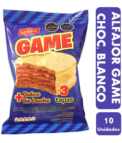 Imagen 1 de 1 de Alfajor Game, Bañado Chocolate Blanco - Pack De 10 Unidades.