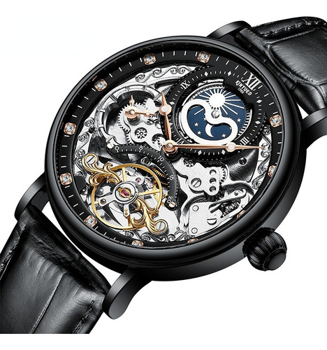 Kinyued Reloj Elegante Mecánico Automático Skeleton Piel