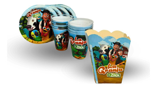 Kit Platos, Vasos Y Palomeros Para 10 Invitados Personajes La Granja De Zenón