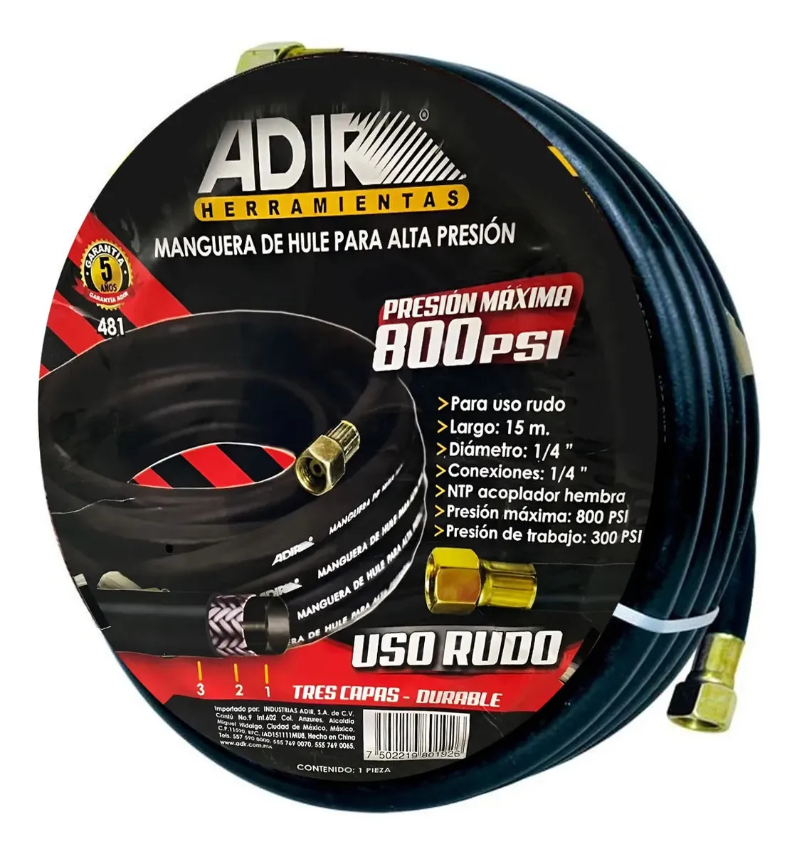 Manguera Compresor Hule Alta Presión 1/4 15m 800psi Adir 481 Color Negro