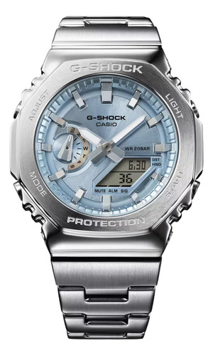 Relógio masculino Casio GM-2110d-2adr G-Shock, pulseira prateada, moldura prateada, fundo azul