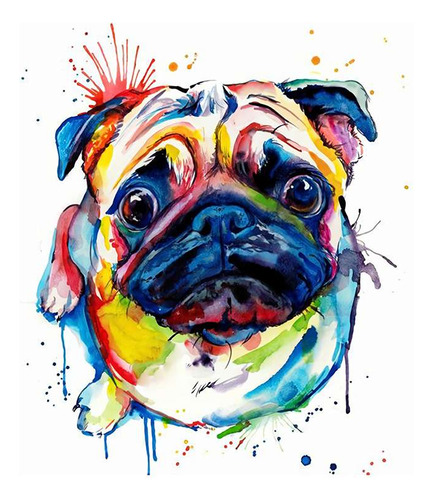 Vinilo 100x100cm Animales Perro Pug Watercolor Colores