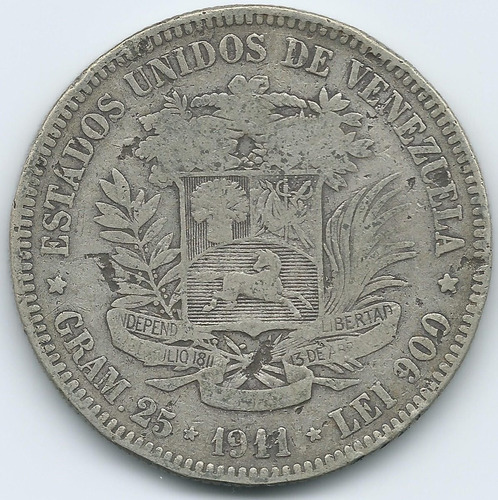 Moneda Fuerte De Plata 5 Bolívares De 1911