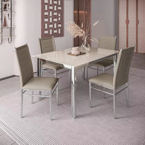 Kit 8 Cadeiras De Jantar Tókio Aço/ Tecido Couro Sintético Estrutura Da Cadeira Cromado Assento Off White