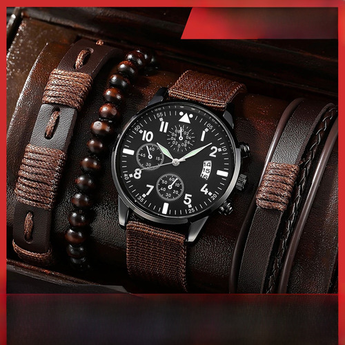 Set 32 - Set De Pulsera Pu Con Reloj De Cuarzo Para Hombre