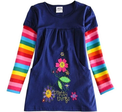 Vestido Azul Manga Con Mangas Largas De Rayas 5-6 Años