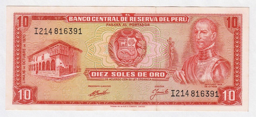 Billete Perú 10 Soles Oro 16 Octubre 1970 Unc (c85)