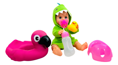 Muñeca Bebe Bata Dinosaurio Salvavidas Flotador Y Accesorios