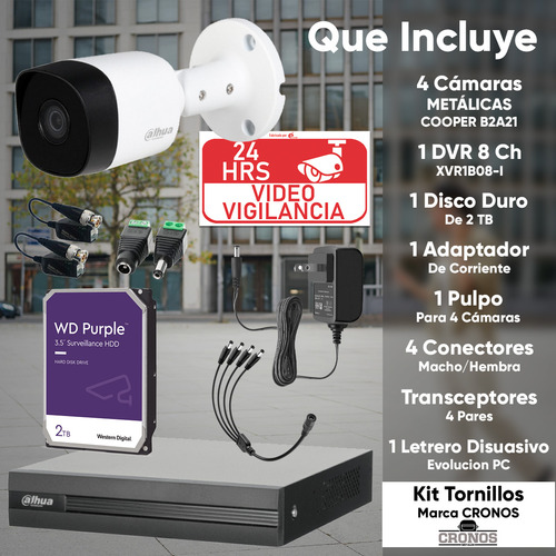 Kit Videovigilancia Cronos 4 Cámaras Dahua Bala B2a21n 2mp + Hdd 2tb + Baluns + Accesorios - Kit Cctv Dht026-sc+2tb-prpl (dvr Dahua Xvr1b08-i Circuito Cerrado)