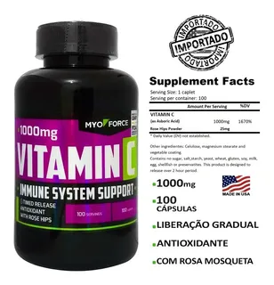 Vitamina C 1000mg Myo Force 100 Capsulas - Importada Eua