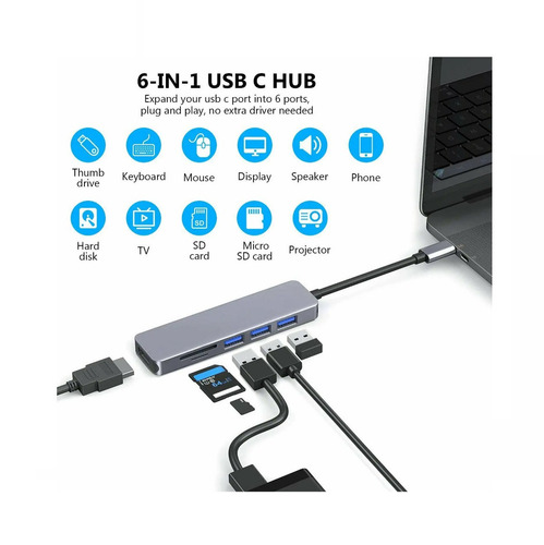 Hub Adaptador Usb C 6 En 1 Para Macbook iPad Tablet Notebook