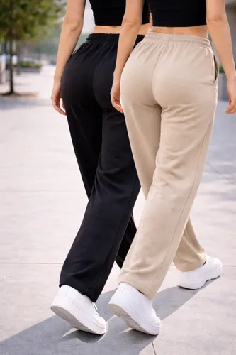 Calça Moletom Cintura Elástica Estilosa Wide Leg Pantalona Bege Lisa M 40/42