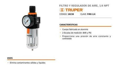Filtro Regulador De Aire Aluminio Con Manometro 1/4 Cuotas