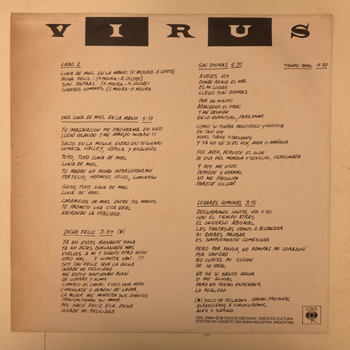 Virus Locura Disco Original 1985 Cbs Insert Estándar (Usado)