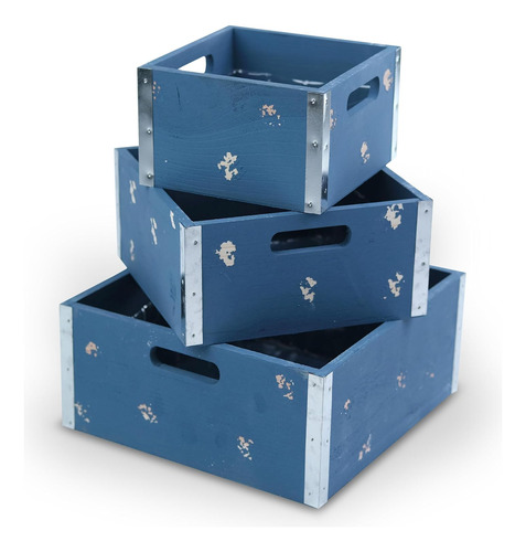 Set De 3 Cajas De Madera Azules Almacenaje Set De Cajas...