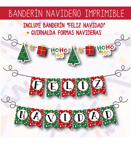 Kit Imprimible Banderín Feliz Navidad + Guirnalda Navidad