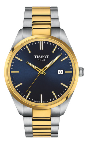 Reloj Hombre Tissot T150.410.22.041.00 Pr 100 Correa Plateado Bisel Dorado Fondo Azul