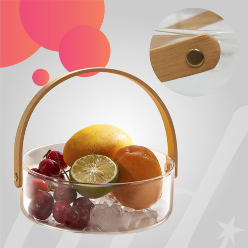 Saladeira Vidro Com Alça Madeira Balde Fruteira Decorativa Cor Transparente