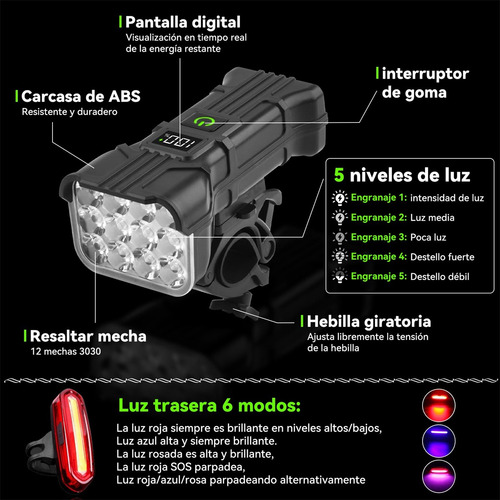 Luz Bicicleta Recargable Delantera Traser 12 Led Y Claxon