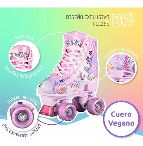 Imagen 6 de 9 de Patines Bipo Bota Simil Cuero Extensibles 4 Ruedas Unicornio
