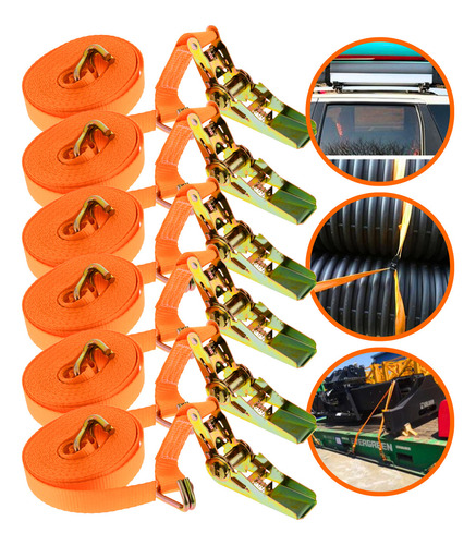 Kit 6 Jogos Cinta Catraca 4,5 Metros Reforçada Suporta Até 800Kg Ideal Para Amarrar Jetsky Catraquinha Para Caminhonetes e Caminhão Atmas