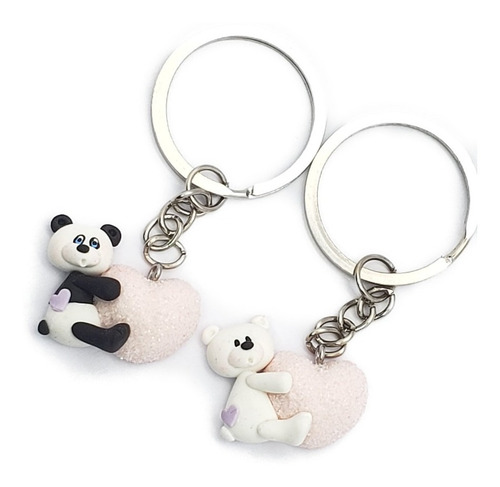 Llavero De Oso Blanco Y Panda De Pasta Y Acero+estuche N24 Color Plateado