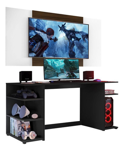 Mesa Gamer Escriv Com Painel Tv 55  Guilda Multimóveis V3589 Cor Preto/Branco/Madeirado