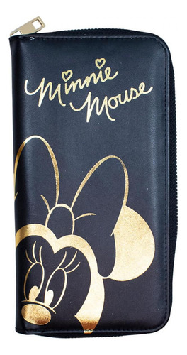 Carteira De Mão Preta Minnie Mouse Brilhante Dourada Grande