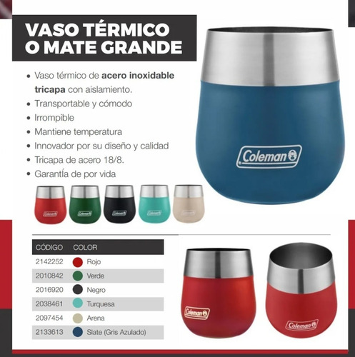 Imagen 3 de 8 de Vaso Mate Coleman Termico Acero Inoxidable Claret 384ml Gtia