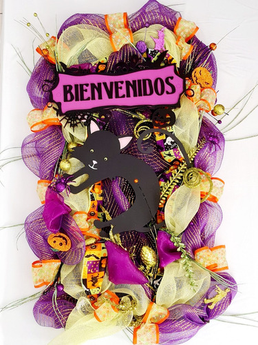 Corona Halloween Cuadro Decorativo Gato Letrero Bienvenidos