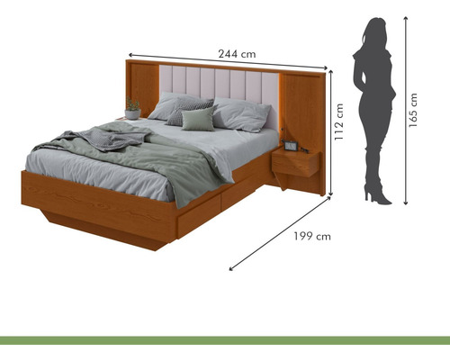Cama Casal 140cm Com Usb, Usb-c 2 Mesa De Cabeceiras Wt