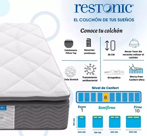 Colchón Restonic Queen Size Dome Ortopédico + 2 Almohadas Blancas Suaves