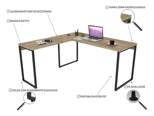 Imagem 2 de 6 de Escrivaninha De Escritório Em L Estilo Industrial 1,50x1,50m