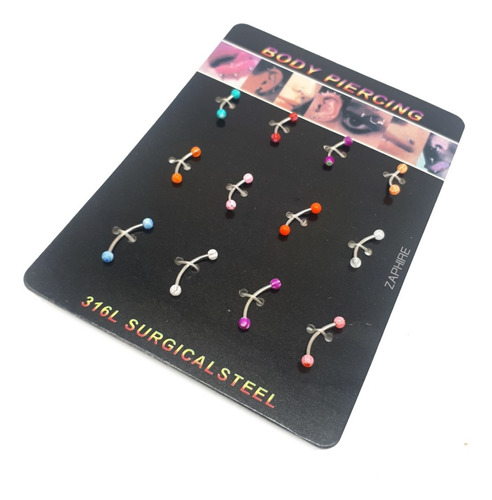 12 Piercing Ceja Color Barbell Curvo Acero Quirurgico Xmayor