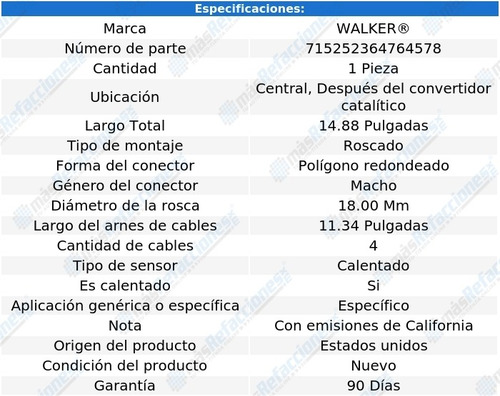 Sensor Oxígeno Izq Central, Después Cc Camry L4 2.4l 03-11