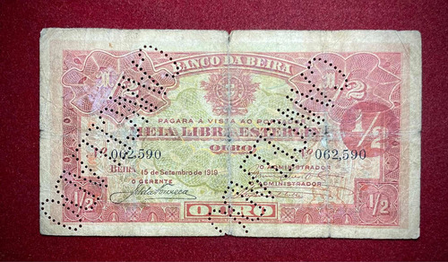Billete 1/2 Libra Esterlina Mozambique 1919 Pick R5 Beira (Usado)
