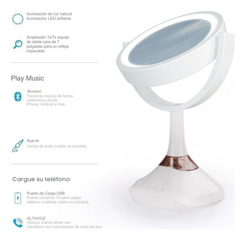 Espejo Maquillaje Con Luz Led Tipo Aro Bluetooth Bocina Aumento 10x 1x Portátil Doble Cara Iluminación 360 Grados Recargable Celular Música Touch USB Profesional cosmeticos belleza 1 pieza comerliv