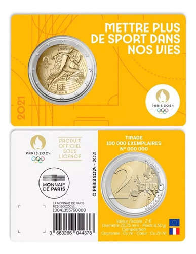Moeda 2 Euro 2021 Olimpíadas Paris - França - Amarelo (Usado)