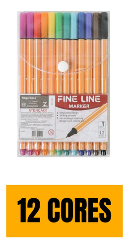 Kit Canetas Fine Line 12 Cores 0.4mm Ponta Fina Precisa Amarelo Colorido