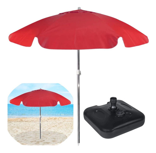 Kit Guarda Sol Praia Piscina Vermelho 1,60 M+ Base Preta 18l