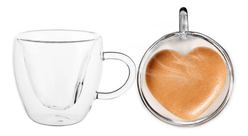 Imagem 4 de 7 de Jogo 2 Xícaras Café Coração Dupla Parede De Vidro 150ml
