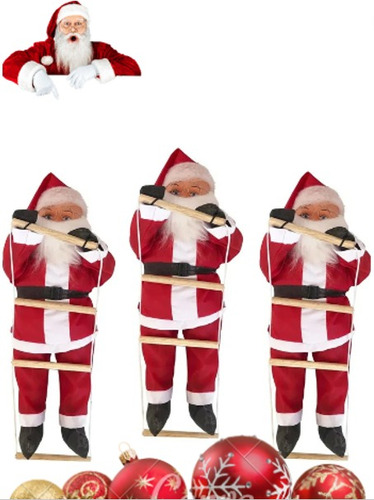 Kit 3 Pça Bonecos Papai Noel Grande Enfeite Subindo Escada Cor Vermelho