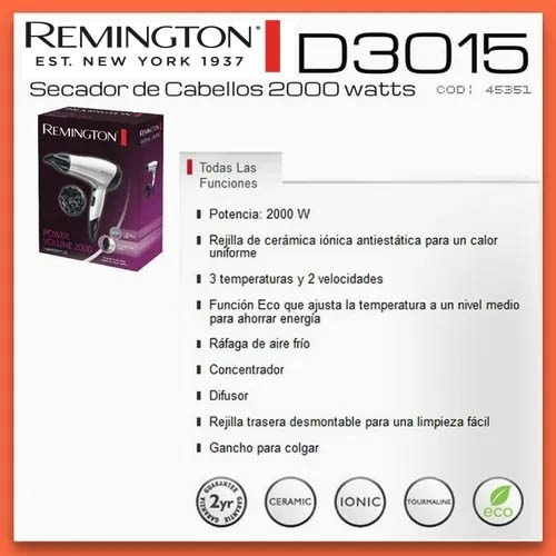 Imagen 5 de 5 de Remington D3015 Secador De Pelo 2000w 3 Temperaturas 2 Vel