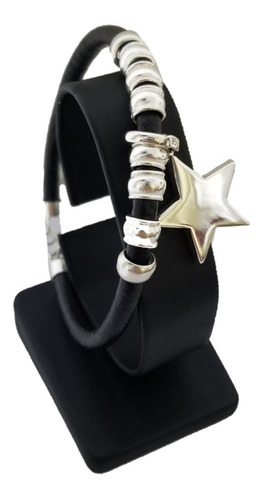 Pulsera Con Cuero Y Dije Modelo Estrella En Plata Ley 950