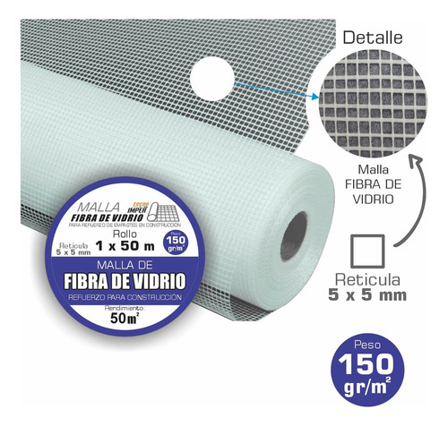 Malla De Fibra De Vidrio En Rollo, Sin Adhesivo, 1 X 50 Mts