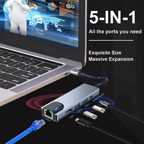 Adaptador Hub 5 En 1 Tipo C Hdmi Puerto Land Usb Mac Y Pc