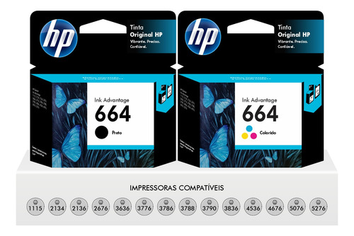 Kit Cartuchos Originais Hp 664 Preto + Color Deskjet 1115 2136 2676 3636 3776 3790 4676